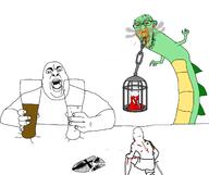 4soyjaks angry arm back bald blood bloodshot_eyes bruise cage chain claw cliff crying dragon dress drink fat full_body glass glasses green_skin hair hand holding_object kneeling knight lava leg liquid nosebleed queen_of_hearts serpent shield shorts smoke soda soyjak stubble subvariant:female_cobson subvariant:feralrage sword teeth torso variant:chugsjak variant:cobson variant:feraljak wound // 2234x1869 // 437.1KB