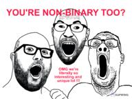 3soyjaks beard glasses kapwing lgbt mustache non-binary open_mouth soyjak soyjak_trio2 stubble tranny variant:cirrus variant:hot_sauce variant:reaction_soyjak watermark // 1280x957 // 893.0KB