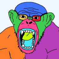 angry animal colorful glasses monkey open_mouth soyjak stubble teeth tongue transparent_background variant:monkeyjak // 852x852 // 60.8KB