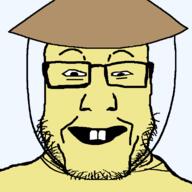 asian buck_teeth clothes glasses happy hat open_mouth rice_hat soyjak stubble variant:markiplier_soyjak yellow_skin // 1125x1124 // 26.2KB