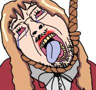 alternate anime anime_female bloodshot_eyes brown_hair crying dead glasses hair hanging long_hair open_mouth rope school_uniform shadow soyjak stubble suicide taiga_aisaka tongue toradora tranny variant:bernd white_skin yellow_hair yellow_teeth // 768x719 // 199.7KB