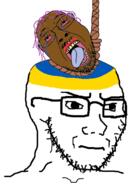 2soyjaks brain brown_skin closed_mouth concerned country flag flag:ukraine frown glasses hair hanging mustache oink open_mouth pink_hair rope soyjak stubble subvariant:soyak_(irritated) suicide tranny ukraine variant:bernd variant:soyak // 352x496 // 67.0KB
