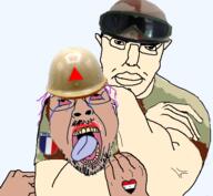 2soyjaks arm army ba'athism ba'athist bloodshot_eyes brown_skin buff camo camouflage choke_hold chud clothes ear flag:france france glasses hair hand headlock helmet iraq iraqi iraqi_m90_helmet makeup military military_uniform mustache open_mouth patch purple_hair red_triangle soyjak strangling stubble subvariant:chudjak_front the_weak_should_fear_the_strong tongue tranny tshirt variant:bernd variant:chudjak white_skin // 499x461 // 164.1KB