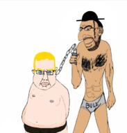 2soyjaks aryan beard blue_eyes brown_eyes bull chains closed_mouth clothes ear fat glasses hair hand happy_merchant hat holding_object judaism large_nose obese open_mouth slave soyjak stubble subvariant:chudjak_front variant:chudjak variant:cobson white_skin yellow_hair // 662x695 // 190.4KB