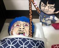bed bedroom bloodshot_eyes blue_hair cute glasses hanging irl kawaii nahobino open_mouth plush rope smile smirk smt ttd variant:bernd variant:chudjak yellow_teeth // 1232x1001 // 1.4MB