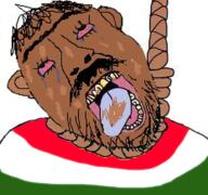 bloodshot_eyes brown_skin brown_troonjak clothes dead ear flag gypsy hair hanging hungary mustache noose open_mouth poop redraw rope soyjak stubble suicide tongue unibrow variant:bernd // 483x452 // 282.0KB
