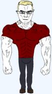 1_soyjak arm blue_eyes buff closed_mouth clothes ear fist glasses hair hand leg shoe soyjak standing subvariant:chudjak_front subvariant:muscular_chud template tshirt variant:chudjak vein yellow_hair // 1094x1977 // 47.8KB
