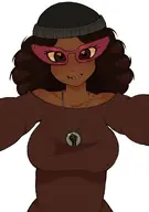 black_lives_matter brown_eyes brown_hair brown_skin bust clothes female foid_artstyle glasses hat hugging necklace pink_glasses smile subvariant:soyniqua teeth teeth_showing variant:soytan white_sclera // 756x1072 // 316.4KB