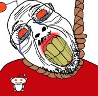 ack alien antenna clenched_teeth clothes ear glasses hanging mustache orange_eyes reddit redditard rope soyjak stubble suicide ugly variant:bernd wrinkles yellow_teeth // 726x711 // 444.9KB
