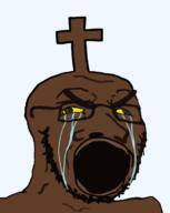 black_skin brainlet christianity cross crying glasses open_mouth soyjak stubble thick_eyebrows variant:soyak yellow_sclera // 600x753 // 119.5KB