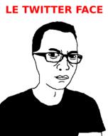 alternate black_shirt closed_mouth clothes glasses hair le_red_text lips meta:tagme soyjak text tshirt twitter variant:chudjak // 367x465 // 4.1KB