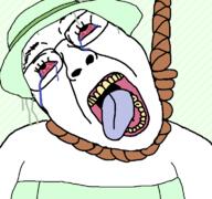 clothes crying crystal_cafe dress female glasses green_hair hanging hat open_mouth red_eyes rope tongue variant:bernd yellow_teeth // 768x719 // 62.3KB