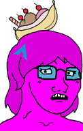 arch_linux banana_split_ice_cream eyelashes female glasses hair looking_at_you magenta_skin object_on_head open_mouth quote quote_(user) quote_admin scared series:foidjaks small_pupils subvariant:female_soyak subvariant:soyak_(concerned) variant:soyak // 644x1010 // 83.8KB