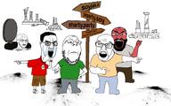 5soyjaks angry beard bunker cargo_shorts crying frown full_body glasses jakparty_soy looking_to_the_left looking_up open_mouth pointing ruins sandals scared signpost sock stubble subvariant:science_lover subvariant:soyak_(concerned) variant:chudjak variant:feraljak variant:gapejak variant:markiplier_soyjak variant:soyak // 1600x1000 // 352.7KB