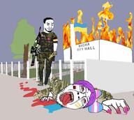2soyjaks arm azov_battalion bucha chud clothes full_body glasses gun hair hohol meta:tagme open_mouth purple_hair russian_empire smile stubble tranny ukraine variant:bernd variant:chudjak // 1024x918 // 114.9KB