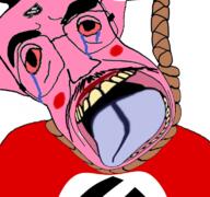 ack bloodshot_eyes clothes crying flag flag:nazi_germany glasses hair hanging mustache nazism open_mouth pol_(4chan) politics rope soyjak subvariant:chudjak_front suicide swastika tongue variant:chudjak yellow_teeth // 768x719 // 387.4KB