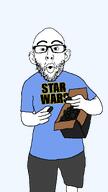 arm box clothes ear food glasses hand holding_object open_mouth oreo shorts soyjak star_wars stubble text variant:nojak // 607x1080 // 22.9KB