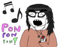 arm avengers blush closed_eyes closed_mouth clothes female glasses hair hand headband headphones holding_object music necklace open_mouth pon_pon_pon soyjak text variant:soytan // 607x478 // 36.9KB