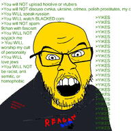 9chan angry george_bush_jr glasses greentext mod open_mouth ronald_reagan soyjak stubble text variant:feraljak yellow_skin // 1500x1500 // 599.3KB