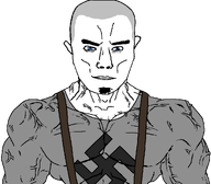 arm bald blue_eyes buff closed_mouth clothes ear eyebrows goatee lips looking_at_you muscles nazism no_glasses nose skinhead subvariant:muscular_chud swastika transparent_background variant:chudjak vein white_skin wrinkles // 1059x929 // 72.2KB