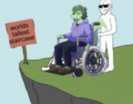 SLLSFHM angry balding closed_mouth dinosaur ear editit female full_body furry glasses green_hair green_skin i_want_hug_that_gator sign snout stubble sunglasses tail text variant:soyak vein wheelchair white_eyes yellow_sclera // 361x284 // 108.1KB