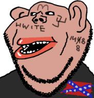 1488 amerimutt bald black_shirt brown_skin clothes confederate ear flag nazism open_mouth stubble subvariant:impish_amerimutt swastika text tshirt variant:impish_soyak_ears // 598x628 // 41.4KB