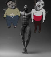 2soyjaks animal arm bloodshot_eyes clothes communism country crying flag full_body gigachad glasses hair hammer_and_sickle hand hanging leg open_mouth poland russo_ukrainian_war soviet_union soyjak stubble tongue ukraine variant:bernd volodymyr_zelenskyy white_skin yellow_teeth // 940x1037 // 241.4KB