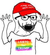 arm cap clothes donald_trump flag flag:lgbt_pride_flag glasses hand hands_up hat lgbt maga open_mouth politics soyjak stubble tshirt variant:excited_soyjak // 411x445 // 35.0KB