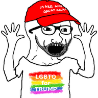 arm cap clothes donald_trump flag flag:lgbt_pride_flag glasses hand hands_up hat lgbt maga open_mouth politics soyjak stubble tshirt variant:excited_soyjak // 411x445 // 35.0KB