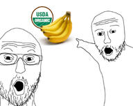2soyjaks arm banana food fruit glasses hand open_mouth organic pointing soyjak stubble variant:two_pointing_soyjaks // 680x538 // 62.1KB