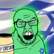 angry country flag foreskin glowing green israel israeli jar judaism mustache soyjak trend:glowie variant:feraljak // 994x989 // 351.2KB