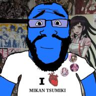 anime arm artist:hellcat badge balding beard blue_skin button calm closed_mouth clothes danganronpa_(series) danganronpa_2:_goodbye_despair glasses happy heart nurse poster room smile soyjak stubble subvariant:science_lover text thick_eyebrows tsumiki_mikan variant:markiplier_soyjak video_game // 1032x1033 // 937.4KB