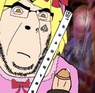 anime bbc closed_mouth clothes glasses hair hat lambdadelta nsfw orange_eyes penis queen_of_spades ruler soyjak stubble tattoo thrembo twp umineko variant:cobson video_game witch yellow_hair // 854x834 // 651.1KB