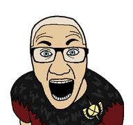 arm blue_eyes caesar's_legion caesar_(fallout_character) clothes fallout fallout_new_vegas glasses hair open_mouth soyjak variant:el_perro_rabioso video_game white_skin yellow_hair // 854x800 // 25.6KB