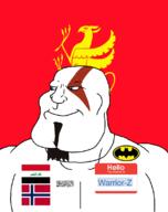 Warrior-Z(user) afghanistan animal arabic_text aryan batman batman_(series) beard blue_eyes buff closed_mouth county flag flag:iraq flag:norway flag:taliban flag:troms goatee god_of_war griffin hair hello_my_name_is_(sticker) iraq kratos norway shahada smile soyjak subvariant:mexiaryan taliban text troms variant:meximutt video_game // 886x1120 // 100.6KB