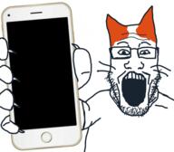 animal arm cat clothes ear glasses hand holding_object holding_phone iphone marsey open_mouth phone rdrama soyjak stubble subvariant:phoneplier subvariant:phoneplier_vertical tshirt variant:markiplier_soyjak // 1920x1675 // 981.2KB