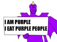 eyebrows fingers forehead_lines forehead_wrinkles hand holding_sign horn laugh_lines no_ears one_eye one_eyed_one_horned_flying_purple_people_eater purple_skin sign smile smug smug_smile stubble text variant:predditard variant:unknown wing // 1000x748 // 13.4KB