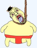arm asian bloodshot_eyes cartoon crying dead dic fat full_body glasses hair hanging kanzashi kimo leg lipstick mustache open_mouth rope soyjak stubble suicide super_duper_sumos thong tongue variant:bernd yellow_skin yellow_teeth // 1208x1582 // 78.1KB
