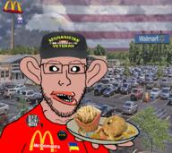 2soyjaks amerimutt baby black_lives_matter cap clothes dead flag flag:ukraine flag:united_states hat holding_object holding_plate irl_background large_ear mcdonalds mutt plate raised_fist_(symbol) total_nigger_death tranny ukraine united_states variant:bernd variant:platejak veteran walmart // 1332x1184 // 2.6MB