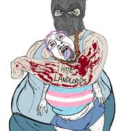 balaclava blood bloodshot_eyes brown_eyes clothes crying eyelashes glasses hair hanging i_hate mustache open_mouth purple_hair rope skirt soyjak stubble text tongue tranny variant:bernd white_skin yellow_teeth // 1496x1472 // 282.2KB