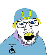 blue_eyes clothes glasses hair hat horseshoe johnny_joestar jojos_bizarre_adventure open_mouth soyjak steel_ball_run stubble text variant:feraljak wheelchair yellow_eyes yellow_hair // 1500x1500 // 401.6KB