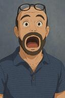 beard blue_shirt clothes ear glasses meta:ai_generated open_mouth polo_shirt scared screaming soyjak studio_ghibli subvariant:lutejak variant:a24_slowburn_soyjak white_skin // 1024x1536 // 2.5MB