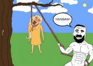 anti_ongezellig arm beard bloodshot_eyes buff cartoon closed_mouth clothes cloud coco_(ongezellig) crying dead drawn_background dress ear eyelashes female full_body golden_tooth green_eyes hair hand hanging holding_object holding_rope lynching makeup mustache nas necklace negan ongezellig open_mouth orange_skin rope soyjak tongue tranny tree variant:bernd yellow_hair yellow_teeth yellow_tooth ywnbaw // 1498x1062 // 308.5KB