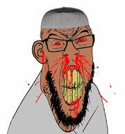 angry arab beard blood bloodshot_eyes brown_skin clenched_teeth clothes ear islam nose subvariant:feralrage taqiyah variant:feraljak yellow_teeth // 1014x1080 // 471.5KB