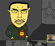 ak-47 angry arm asian assault_rifle award bunker button china city closed_mouth clothes cloud communist_party_of_china computer door ear fallout flag:china glasses green_shirt grey_background hair hand military_uniform ms_paint nuclear nuclear_explosion rifle smoke subvariant:pol_face text variant:chudjak wire yellow_skin // 1570x1326 // 117.4KB