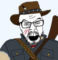 ammunition angry bullet clothes cowboy_hat feather glasses hat john_marston mustache open_mouth red_dead_redemption scar soyjak stubble teeth variant:feraljak // 640x653 // 29.2KB