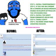 arm beard before_after blue_skin closed_mouth clothes glasses greentext hand holding_object log looking_at_you namefag_drama namefags pink_text smile stubble subvariant:science_lover tampermonkey text thick_eyebrows toss tshirt tutorial variant:markiplier_soyjak wordswordswords // 1988x2000 // 712.6KB