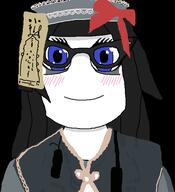 black_background blue_eyes bowtie closed_mouth clothes front_facing glasses hair hat smile soyjak variant:soytan // 531x583 // 16.7KB