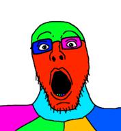 glasses open_mouth soyjak stubble trend:colorjak variant:soldierjak // 672x730 // 26.9KB