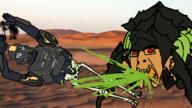 Helldiver_(Helldivers) Helldivers_2 arms_up bile_spewer_(Helldivers) bug crying desert glasses red_eyes skeleton variant:cobson variant:cryboy_soyjak vomit // 1280x720 // 639.0KB